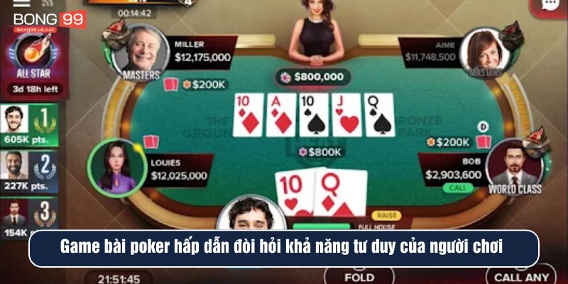 Game bài poker BONG99 hấp dẫn đòi hỏi khả năng tư duy của người chơi